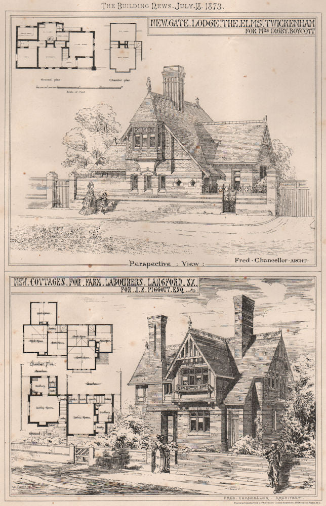 Gate lodge, The Elms, Twickenham (Boycott); farm cottages, Langford, Essex 1873